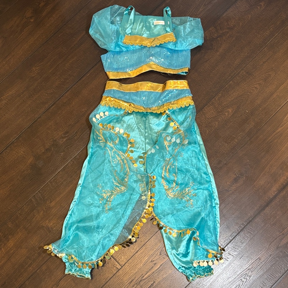 Princess Jasmine Girls Turquoise & Gold Genie Costume Set - Sparkle Two-Piece